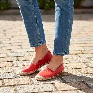 COACH Rhodelle Espadrille Flats Womens 7.5 B Red Lambskin Slip On Jute Sole Logo